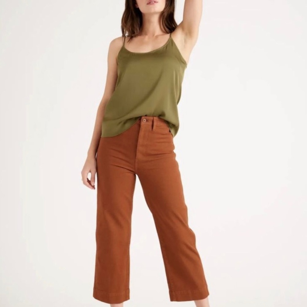 Quince Olive Green Tank with Rust Brown Cropped Pants
